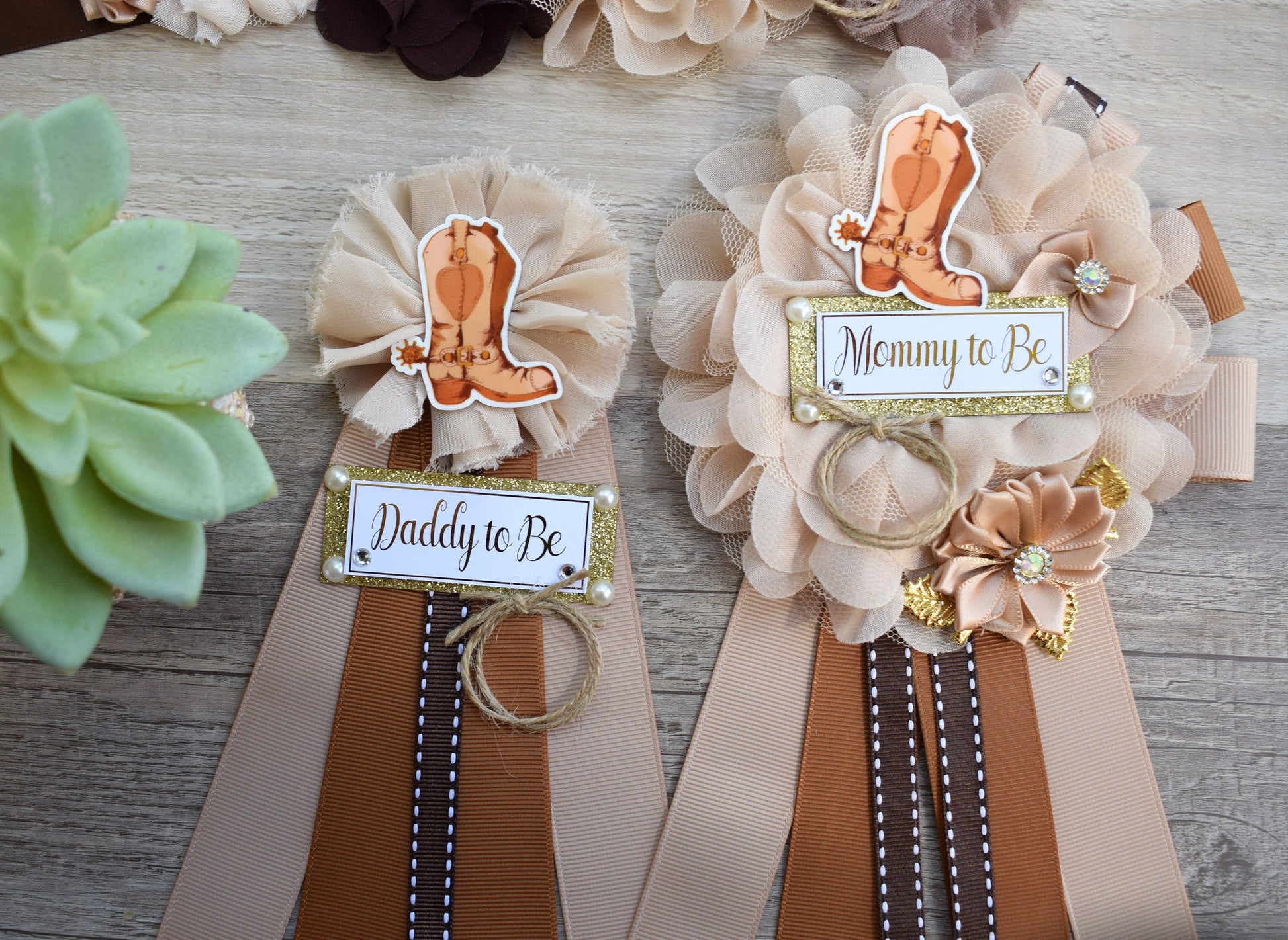 Cowboy Baby Shower, Rustic Tan Brown Cowboy Maternity Sash, Gender Reveal Cowboy Mommy To Be Ribbon, Daddy To Be Pin, Boot Hat Corsage Pin - Celebrations By Cris