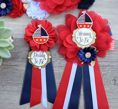 Boat Nautical Anchor Baby Shower, Boat Red Navy Blue Mommy To Be Ribbon, Ahoy Nautical Daddy To Be Pin, Nautical Daddy To Be Pin - Celebrations By Cris