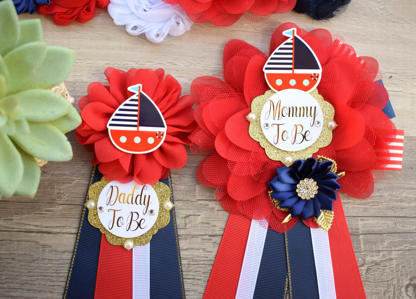 Boat Nautical Anchor Baby Shower, Boat Red Navy Blue Mommy To Be Ribbon, Ahoy Nautical Daddy To Be Pin, Nautical Daddy To Be Pin - Celebrations By Cris