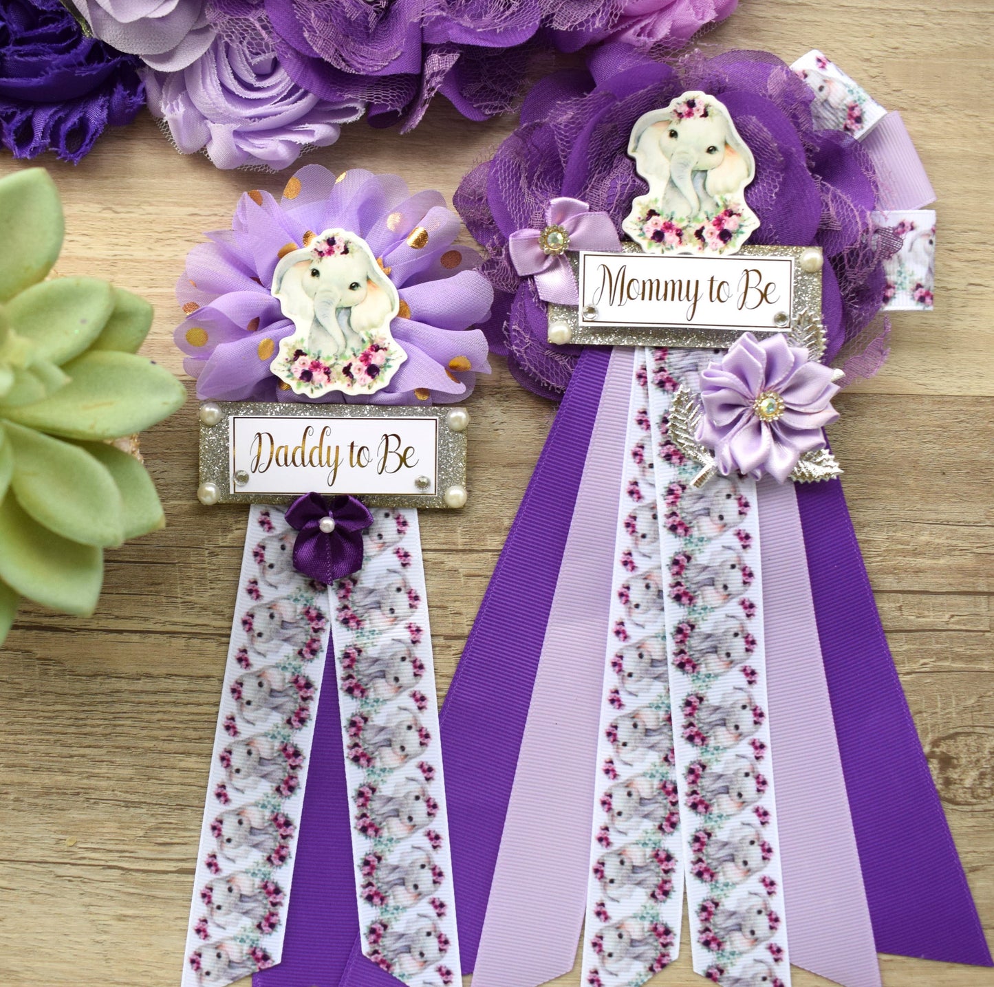 Elephant Purple Baby Shower, Purple Lavender Gold Green Safari, Mommy To Be Ribbon, Daddy To Be Pin, Purple Floral Animal Flower Baby Shower