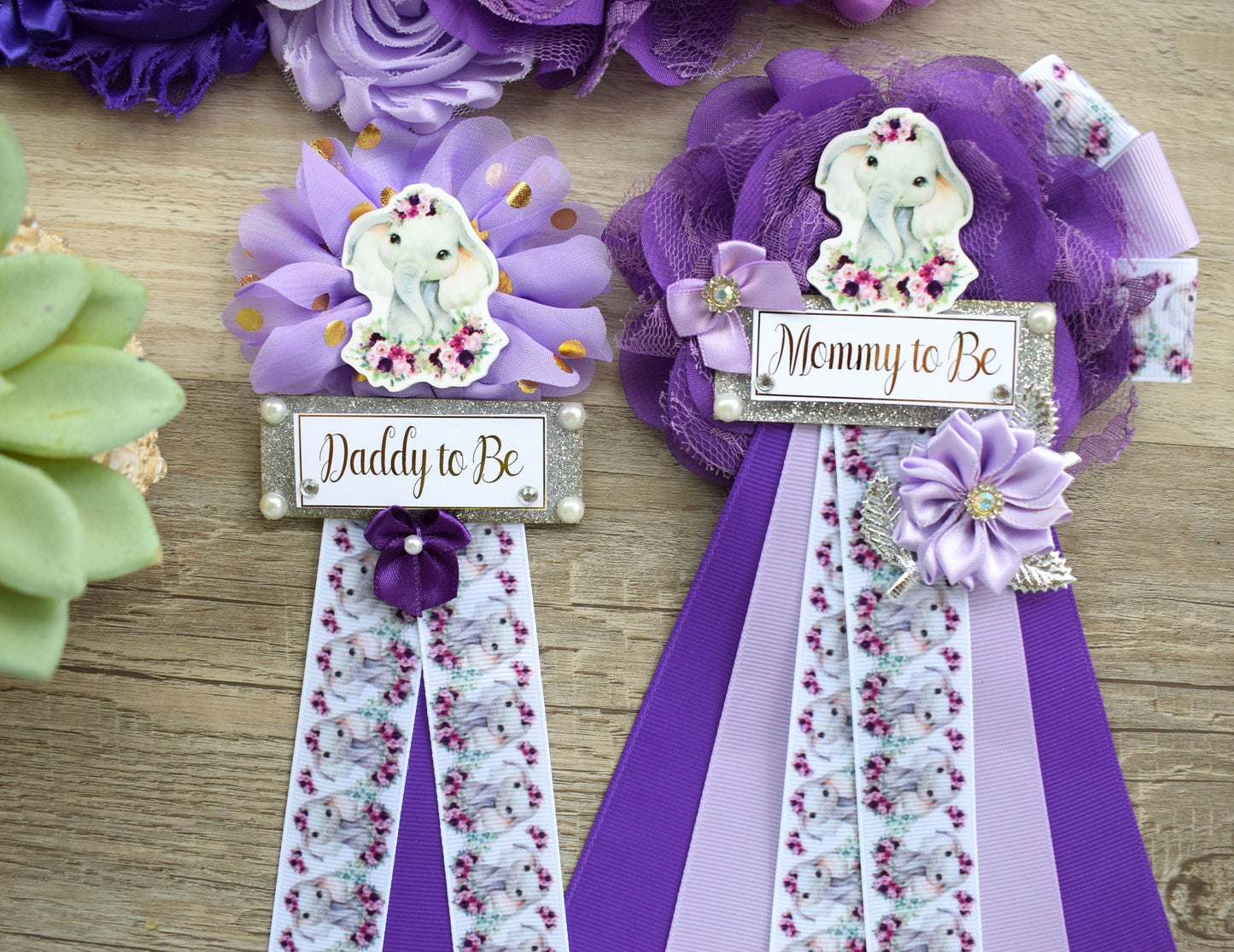 Elephant Purple Baby Shower, Purple Lavender Gold Green Safari, Mommy To Be Ribbon, Daddy To Be Pin, Purple Floral Animal Flower Baby Shower