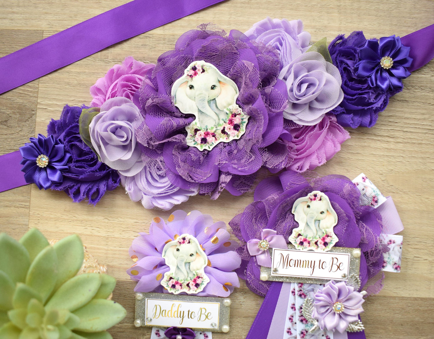 Elephant Purple Baby Shower, Purple Lavender Gold Green Safari, Mommy To Be Ribbon, Daddy To Be Pin, Purple Floral Animal Flower Baby Shower