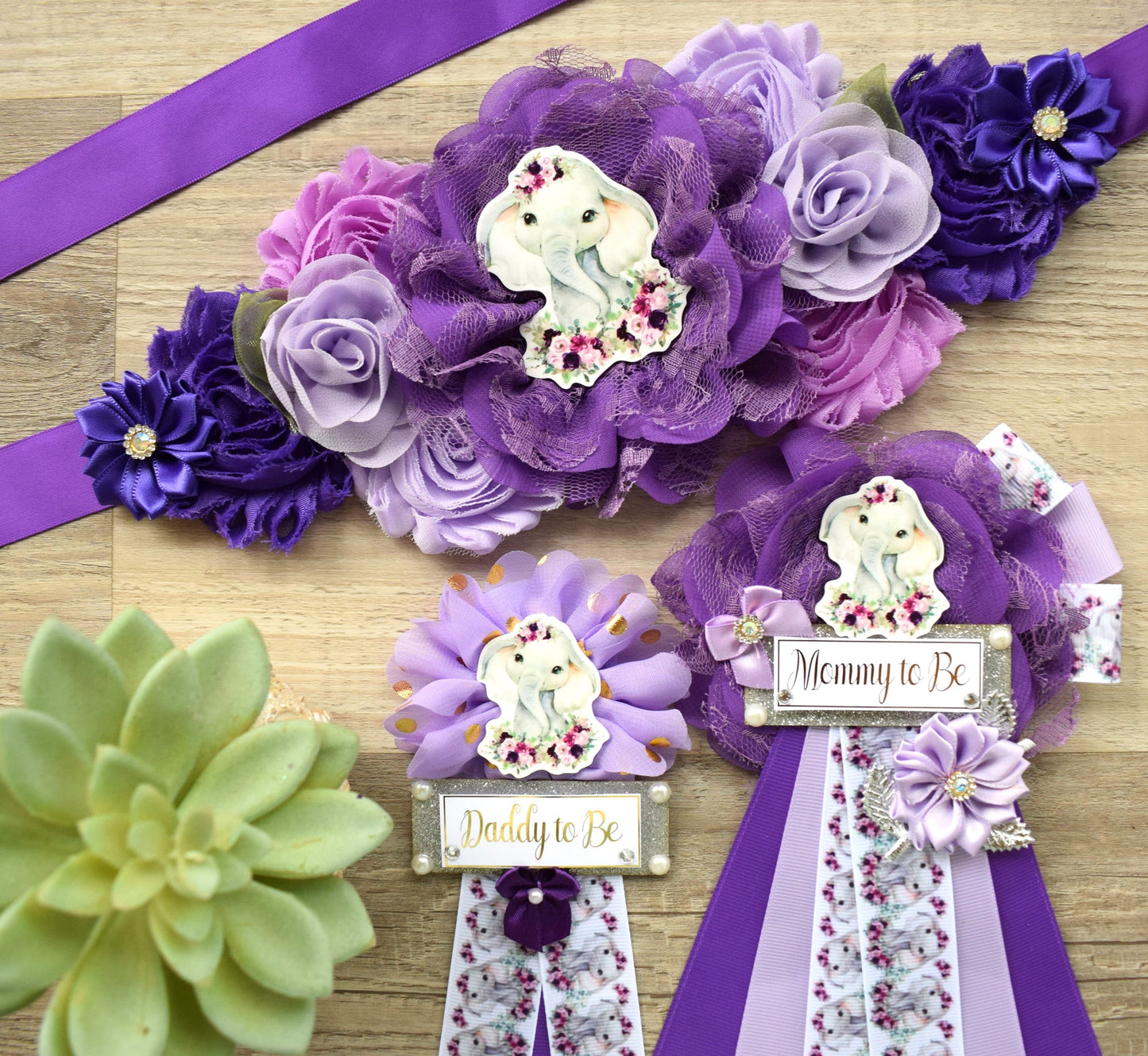 Elephant Purple Baby Shower, Purple Lavender Gold Green Safari, Mommy To Be Ribbon, Daddy To Be Pin, Purple Floral Animal Flower Baby Shower