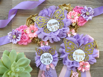 Pink Lavender Butterfly Baby Shower, Butterfly Maternity Belly Sash, Pink Lilac Gold Butterfly Mommy To Be Ribbon, Daddy To Be Pin, Custom - Celebrations By Cris