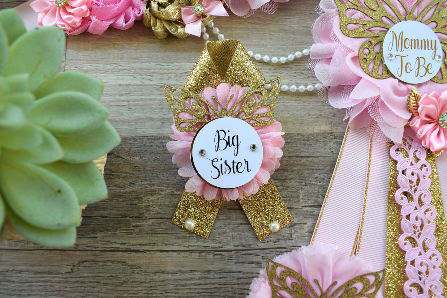 Pink Butterfly Baby Shower, Butterfly Maternity Belly Sash, Pink Gold Butterfly Mommy To Be Ribbon, Butterfly Daddy To Be Pin, Custom - Celebrations By Cris