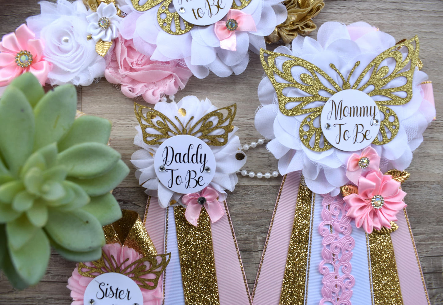 Pink White Butterfly Baby Shower, Butterfly Maternity Belly Sash, Pink Gold Butterfly Mommy To Be Ribbon, Butterfly Daddy To Be Pin, Custom - Celebrations By Cris