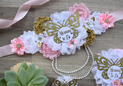 Pink White Butterfly Baby Shower, Butterfly Maternity Belly Sash, Pink Gold Butterfly Mommy To Be Ribbon, Butterfly Daddy To Be Pin, Custom - Celebrations By Cris