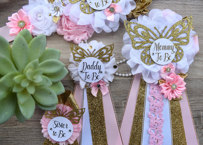 Pink White Butterfly Baby Shower, Butterfly Maternity Belly Sash, Pink Gold Butterfly Mommy To Be Ribbon, Butterfly Daddy To Be Pin, Custom - Celebrations By Cris