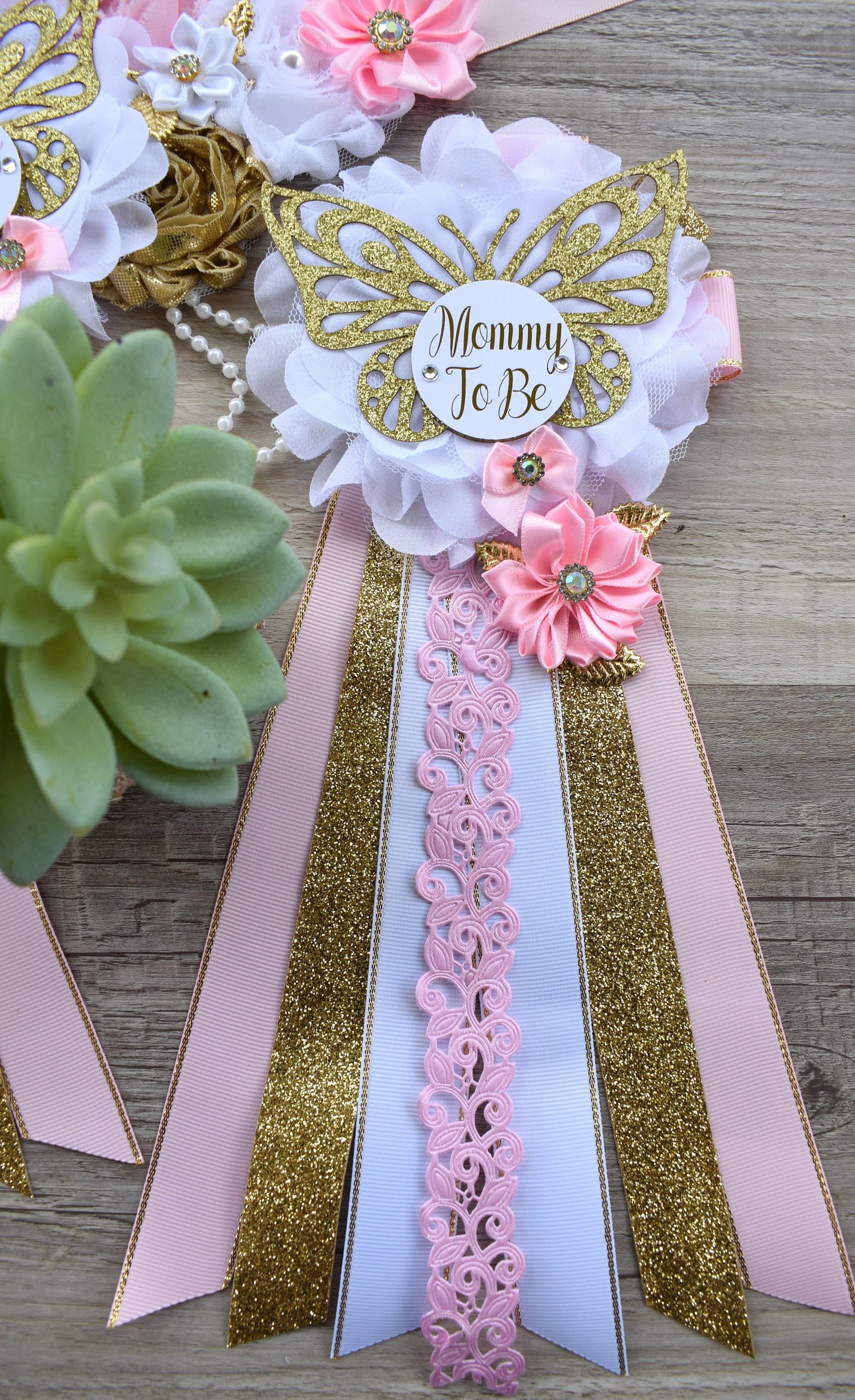 Pink White Butterfly Baby Shower, Butterfly Maternity Belly Sash, Pink Gold Butterfly Mommy To Be Ribbon, Butterfly Daddy To Be Pin, Custom - Celebrations By Cris