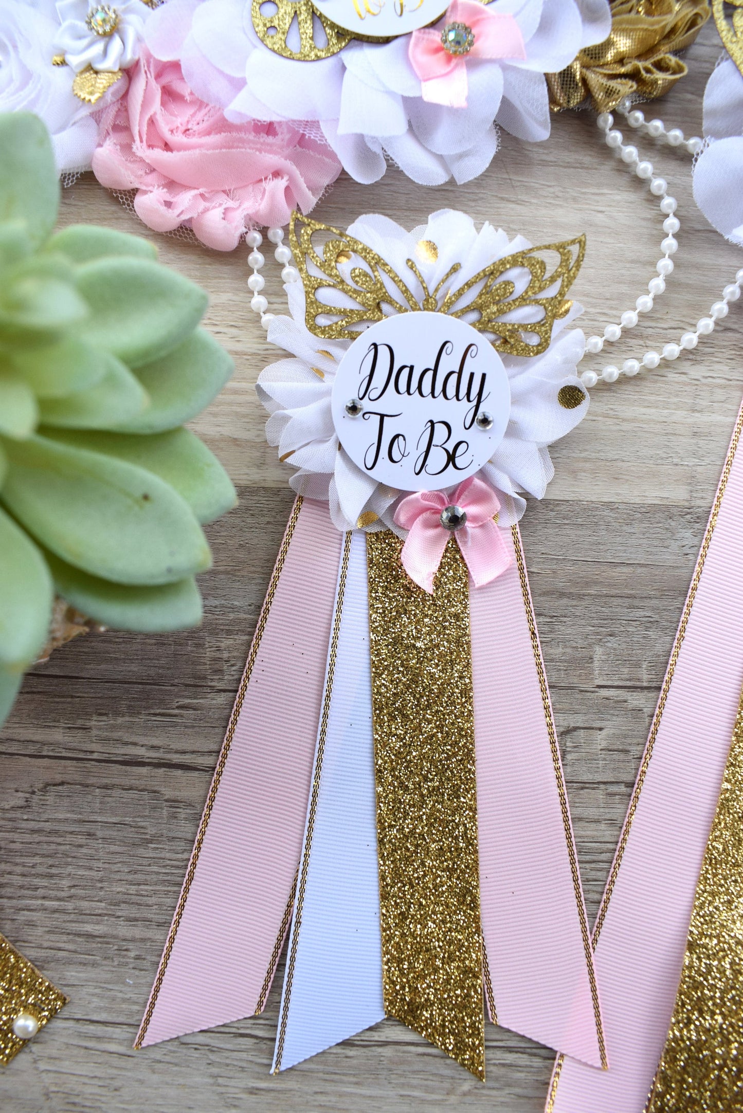 Pink White Butterfly Baby Shower, Butterfly Maternity Belly Sash, Pink Gold Butterfly Mommy To Be Ribbon, Butterfly Daddy To Be Pin, Custom - Celebrations By Cris