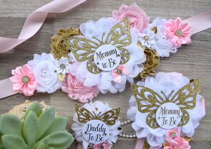 Pink White Butterfly Baby Shower, Butterfly Maternity Belly Sash, Pink Gold Butterfly Mommy To Be Ribbon, Butterfly Daddy To Be Pin, Custom - Celebrations By Cris