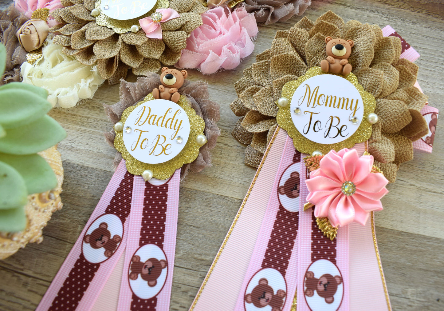 Pink Teddy Bear Baby Shower, Pink Bear Mommy Bear Maternity Sash, Papa Teddy Bear Mommy Daddy To Be Corsage, Pink Girl Teddy Bear, Custom - Celebrations By Cris