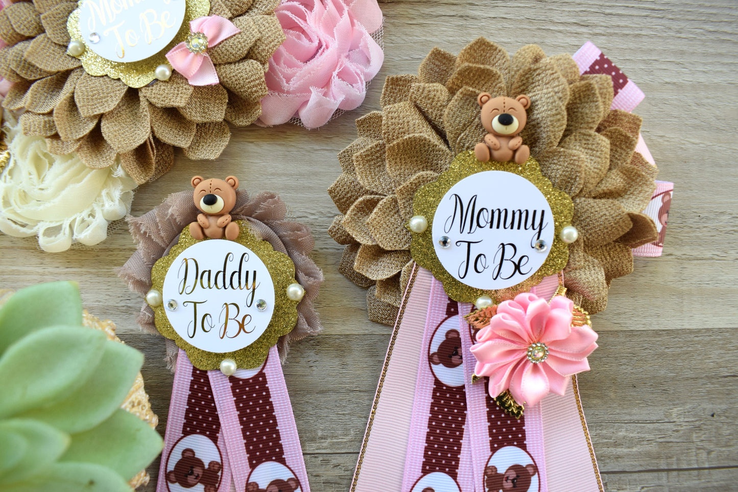 Pink Teddy Bear Baby Shower, Pink Bear Mommy Bear Maternity Sash, Papa Teddy Bear Mommy Daddy To Be Corsage, Pink Girl Teddy Bear, Custom - Celebrations By Cris