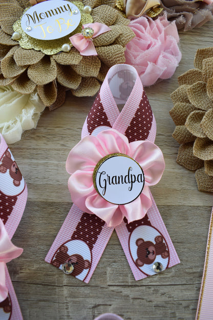 Pink Teddy Bear Baby Shower, Pink Bear Mommy Bear Maternity Sash, Papa Teddy Bear Mommy Daddy To Be Corsage, Pink Girl Teddy Bear, Custom - Celebrations By Cris