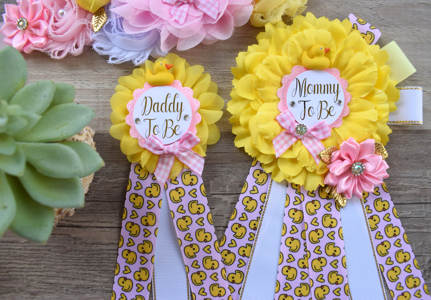 Girl Pink Ducky Baby Shower, Ducky Maternity Sash, Rubber Duck Mommy To Be Ribbon, Yellow Pink Rubber Duck Daddy To Be Pin, Gift Baby Shower - Celebrations By Cris