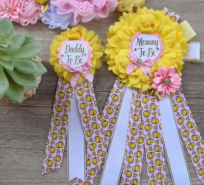 Girl Pink Ducky Baby Shower, Ducky Maternity Sash, Rubber Duck Mommy To Be Ribbon, Yellow Pink Rubber Duck Daddy To Be Pin, Gift Baby Shower - Celebrations By Cris