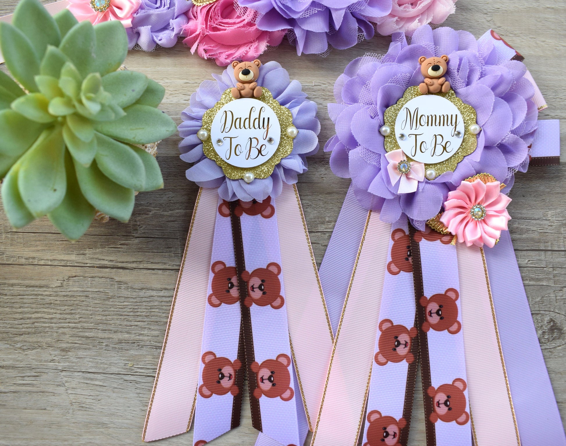 Pink Lavender Teddy Bear Baby Shower, Mama Bear Maternity Sash, Papa Bear Daddy To Be Pin, Mommy To Be Ribbon, Pink Girl Teddy Bear, Custom - Celebrations By Cris