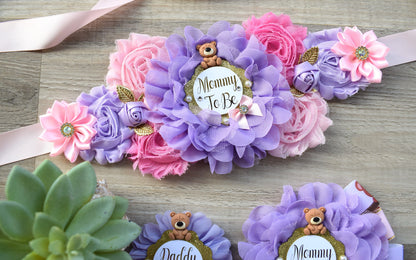 Pink Lavender Teddy Bear Baby Shower, Mama Bear Maternity Sash, Papa Bear Daddy To Be Pin, Mommy To Be Ribbon, Pink Girl Teddy Bear, Custom - Celebrations By Cris