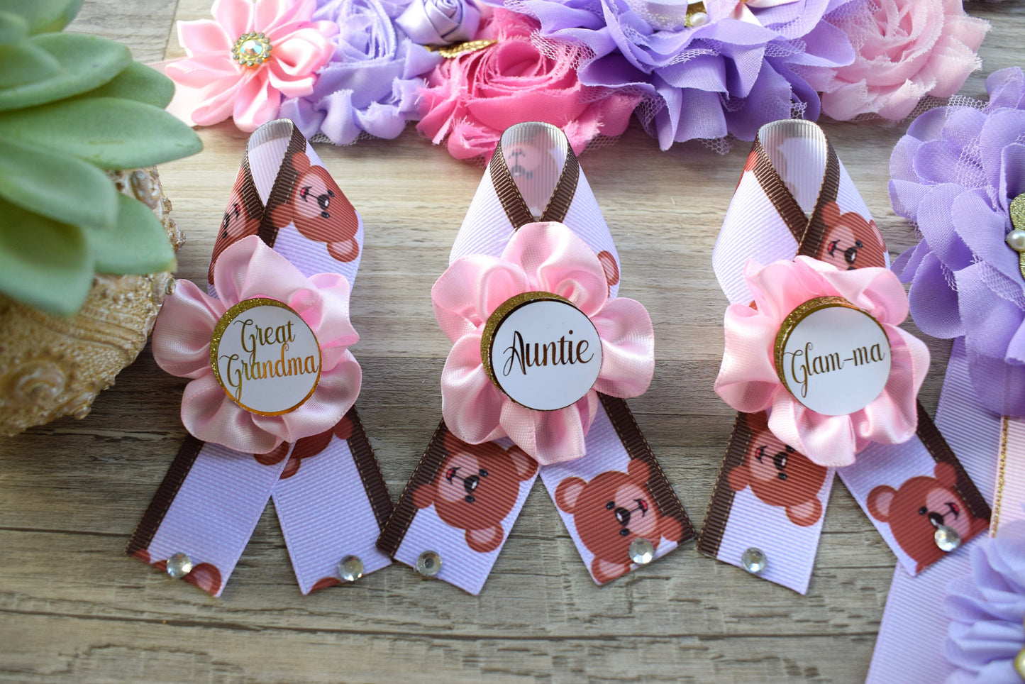 Pink Lavender Teddy Bear Baby Shower, Mama Bear Maternity Sash, Papa Bear Daddy To Be Pin, Mommy To Be Ribbon, Pink Girl Teddy Bear, Custom - Celebrations By Cris