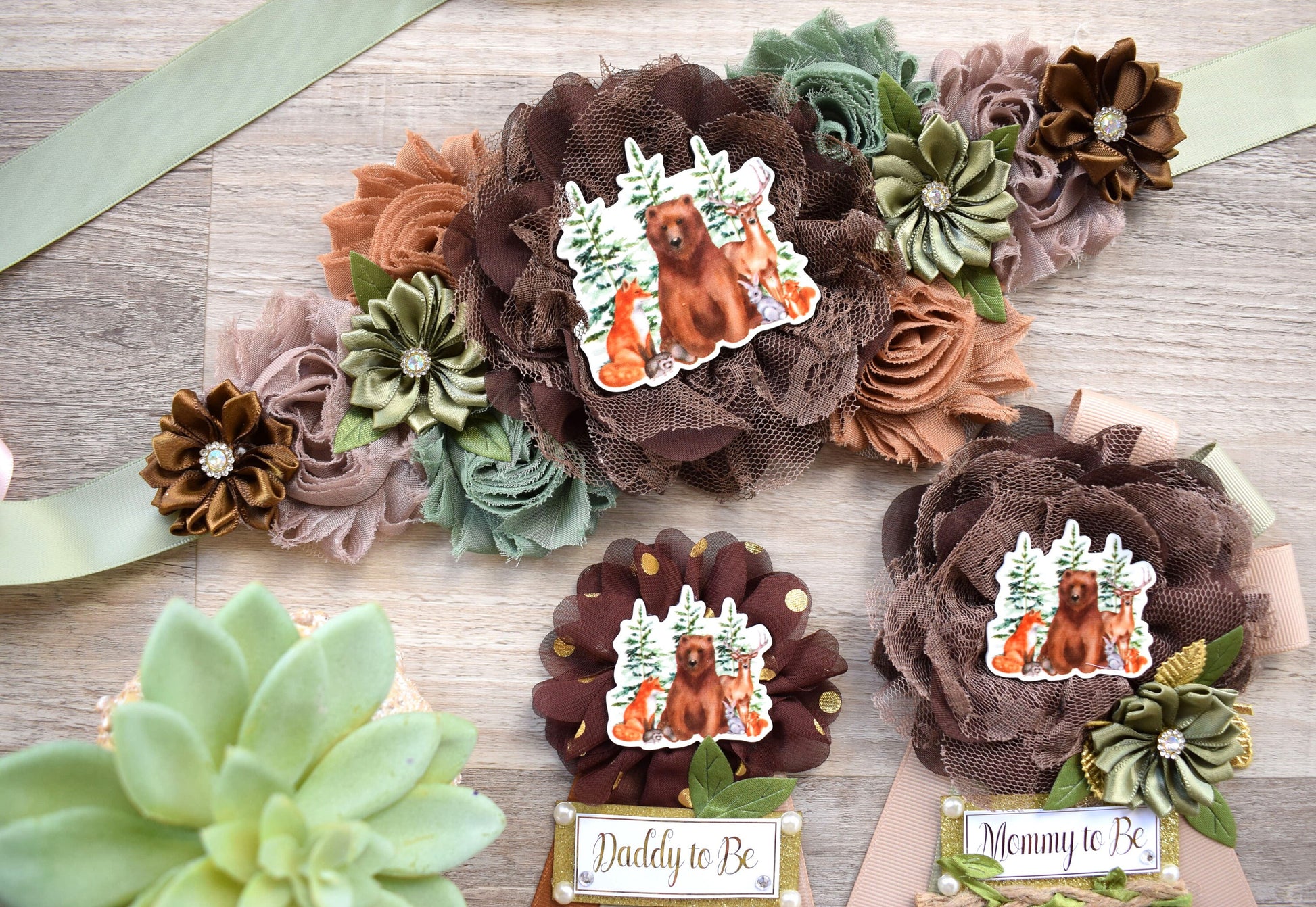 Bear Woodland Baby Shower, Sage Green Brown Tan Maternity Sash, Bear Fox Baby Shower, Mommy To Be Ribbon, Daddy To Be Pin, Custom - Celebrations By Cris