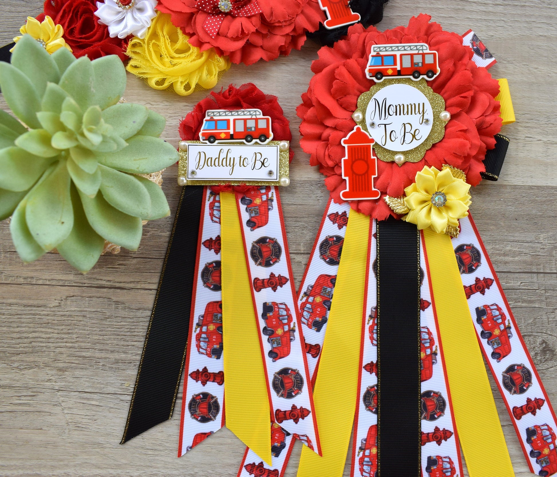 Firefighter Baby Shower, Red Yellow Black Maternity Sash, Firefighter Mommy To Be, Fireman Daddy To Be Pin, Baby Shower Gift, Custom - Celebrations By Cris