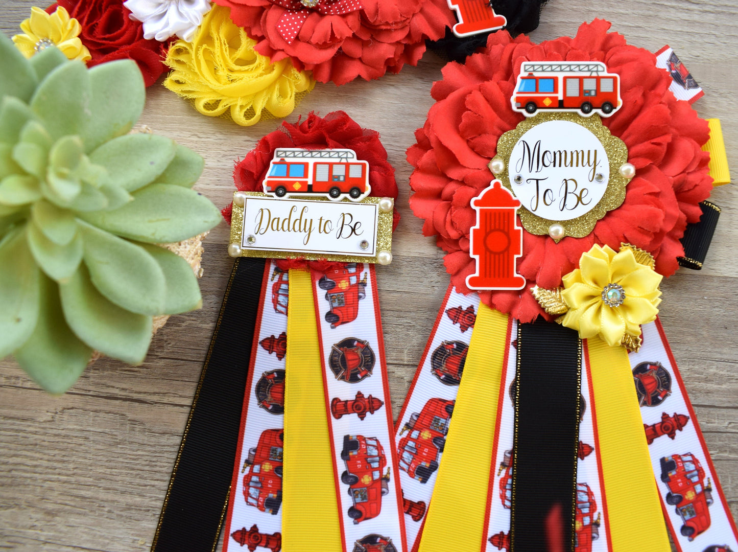 Firefighter Baby Shower, Red Yellow Black Maternity Sash, Firefighter Mommy To Be, Fireman Daddy To Be Pin, Baby Shower Gift, Custom - Celebrations By Cris