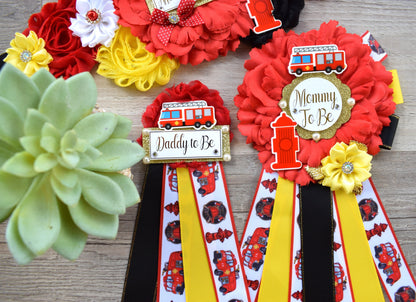 Firefighter Baby Shower, Red Yellow Black Maternity Sash, Firefighter Mommy To Be, Fireman Daddy To Be Pin, Baby Shower Gift, Custom - Celebrations By Cris