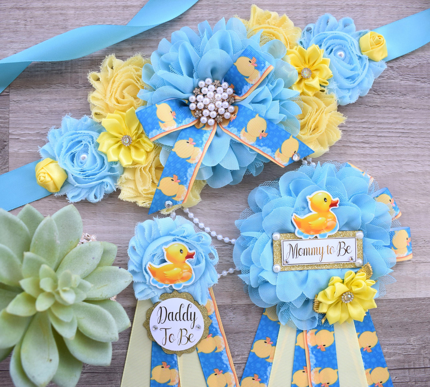 Boy Ducky Baby Shower, Ducky Maternity Sash, Rubber Duck Mommy To Be Ribbon, Yellow Blue Rubber Duck Daddy To Be Pin, Baby Shower Gift - Celebrations By Cris