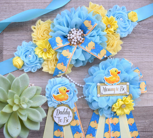 Boy Ducky Baby Shower, Ducky Maternity Sash, Rubber Duck Mommy To Be Ribbon, Yellow Blue Rubber Duck Daddy To Be Pin, Baby Shower Gift - Celebrations By Cris