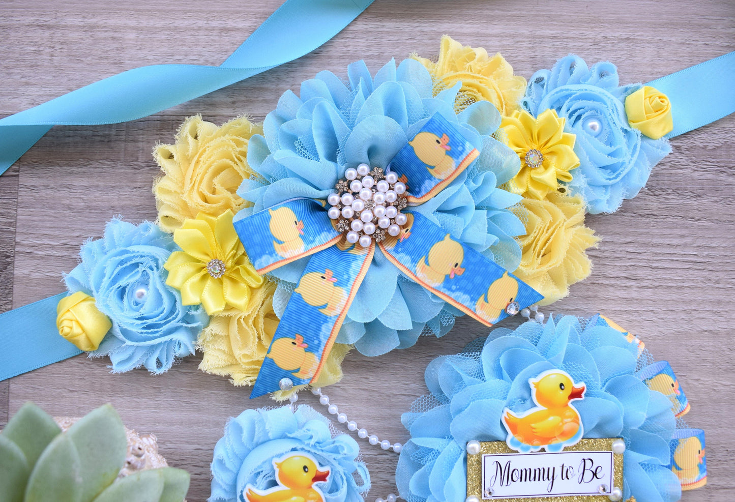 Boy Ducky Baby Shower, Ducky Maternity Sash, Rubber Duck Mommy To Be Ribbon, Yellow Blue Rubber Duck Daddy To Be Pin, Baby Shower Gift - Celebrations By Cris