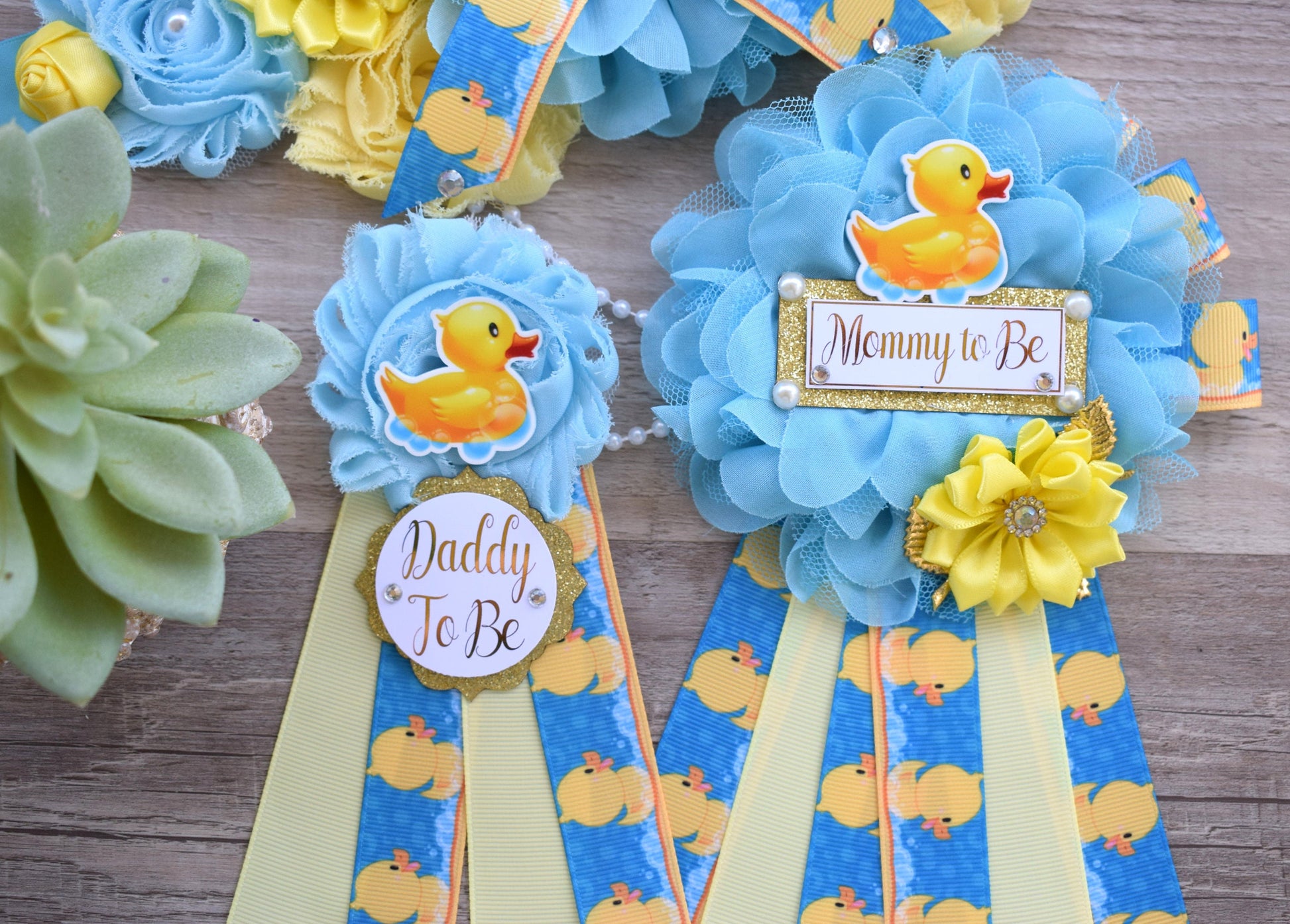 Boy Ducky Baby Shower, Ducky Maternity Sash, Rubber Duck Mommy To Be Ribbon, Yellow Blue Rubber Duck Daddy To Be Pin, Baby Shower Gift - Celebrations By Cris