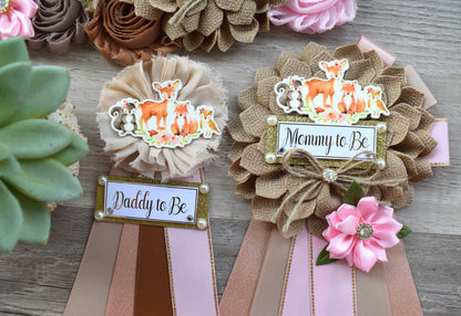 Girl Woodland Baby Shower, Pink Woodland Maternity Sash, Woodland Mommy To Be Pin, Girl Fox Daddy To Be Pin, Woodland Baby Shower Gift - Celebrations By Cris