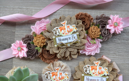 Girl Woodland Baby Shower, Pink Woodland Maternity Sash, Woodland Mommy To Be Pin, Girl Fox Daddy To Be Pin, Woodland Baby Shower Gift - Celebrations By Cris