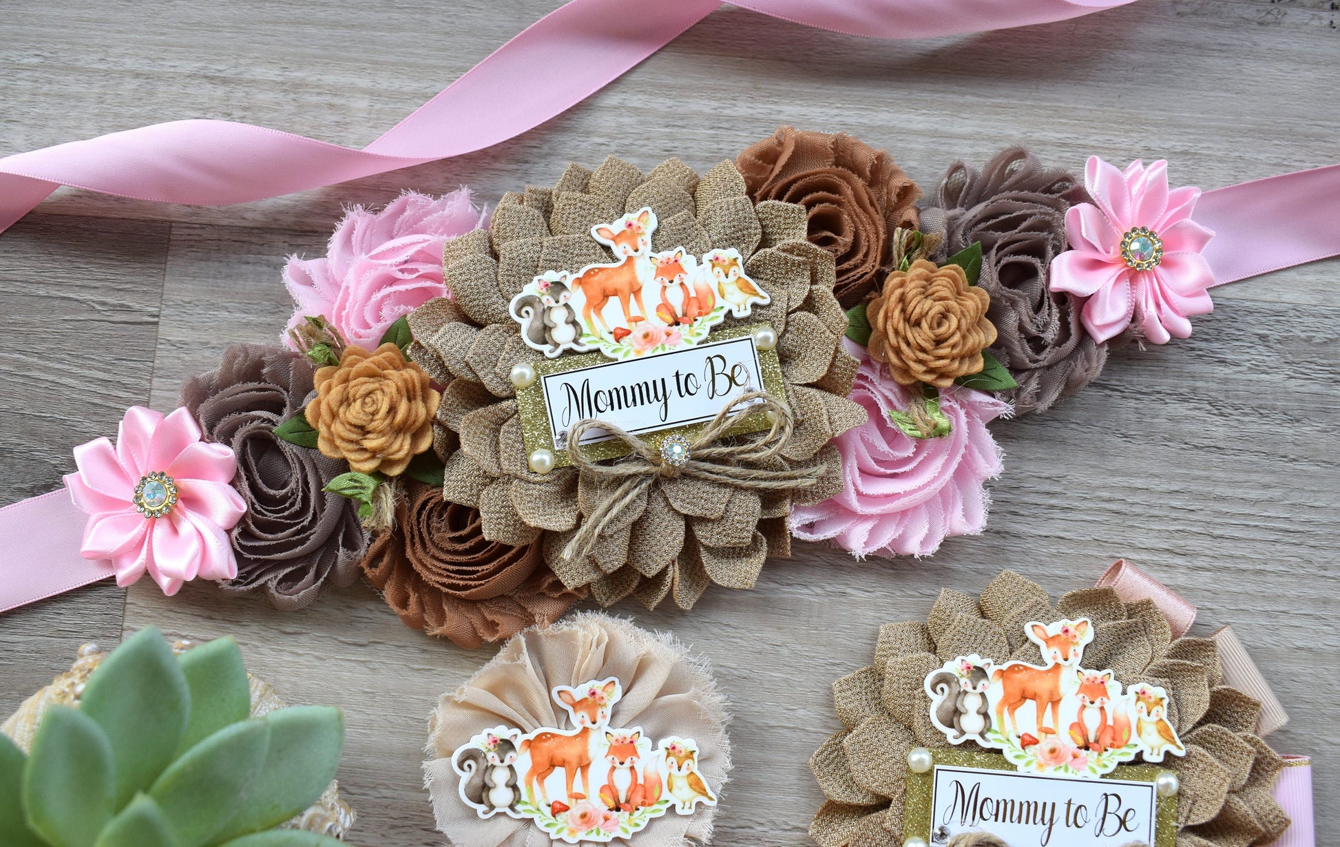 Girl Woodland Baby Shower, Pink Woodland Maternity Sash, Woodland Mommy To Be Pin, Girl Fox Daddy To Be Pin, Woodland Baby Shower Gift - Celebrations By Cris