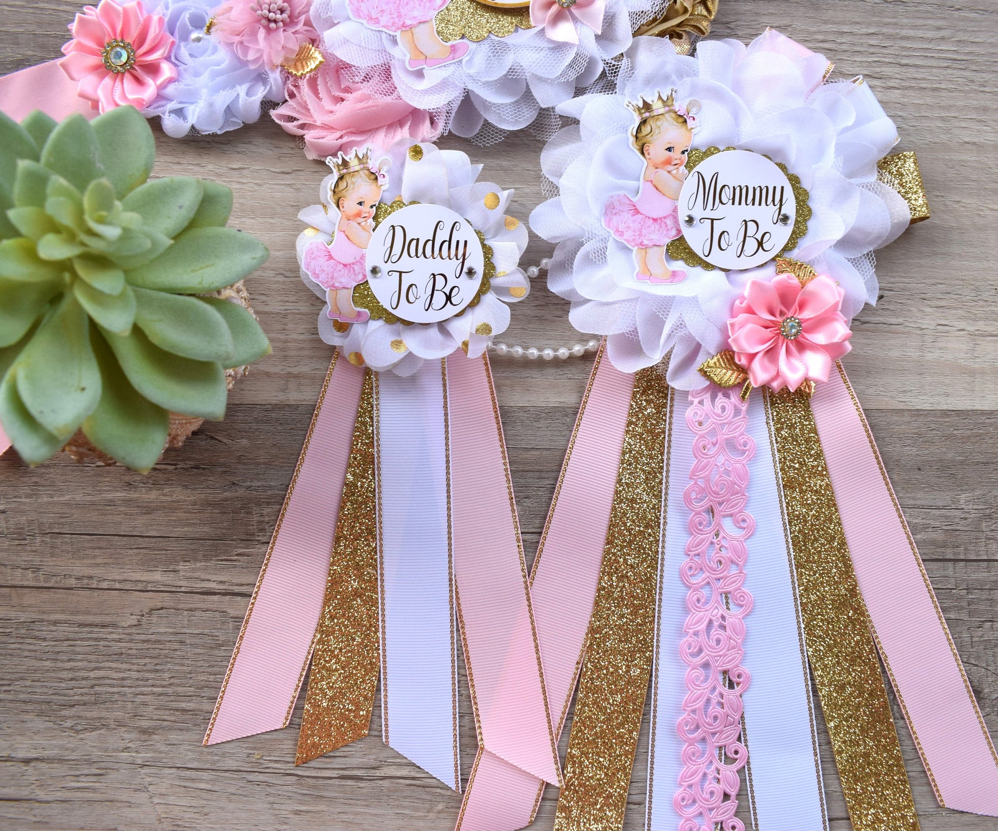 Girl Princess Baby Shower, Pink Gold Maternity Sash, Pink Gold Mommy To Be Ribbon, Daddy To Be Pin, Princess Baby Shower, Baby Shower Gift - Celebrations By Cris