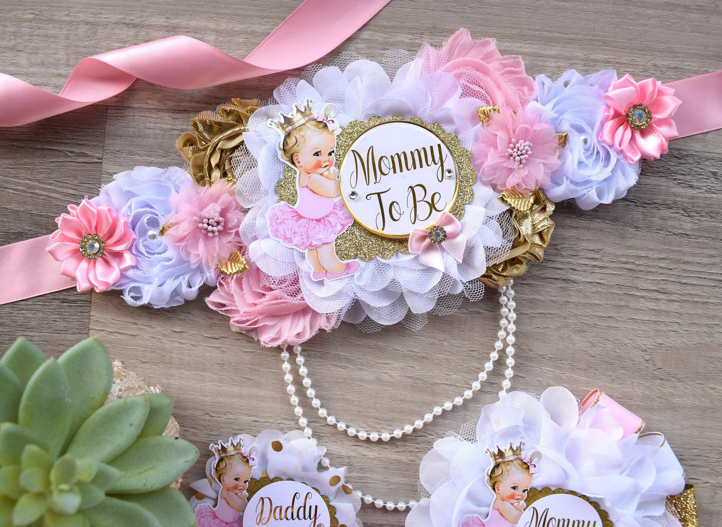 Girl Princess Baby Shower, Pink Gold Maternity Sash, Pink Gold Mommy To Be Ribbon, Daddy To Be Pin, Princess Baby Shower, Baby Shower Gift - Celebrations By Cris