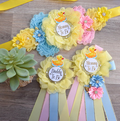 Gender Reveal Rubber Duck Baby Shower, Duck Sash, Mommy To Be Ribbon, Daddy To Be Pin, Yellow Blue Pink Rubber Duck Baby Shower Gift