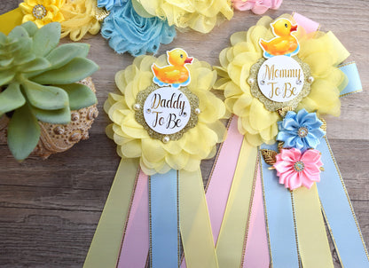 Gender Reveal Rubber Duck Baby Shower, Duck Sash, Mommy To Be Ribbon, Daddy To Be Pin, Yellow Blue Pink Rubber Duck Baby Shower Gift