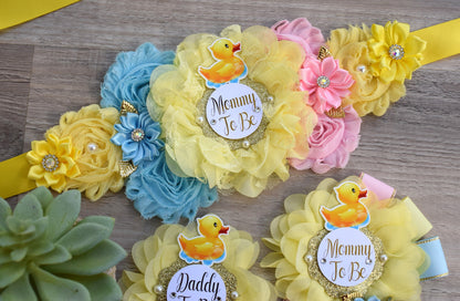 Gender Reveal Rubber Duck Baby Shower, Duck Sash, Mommy To Be Ribbon, Daddy To Be Pin, Yellow Blue Pink Rubber Duck Baby Shower Gift