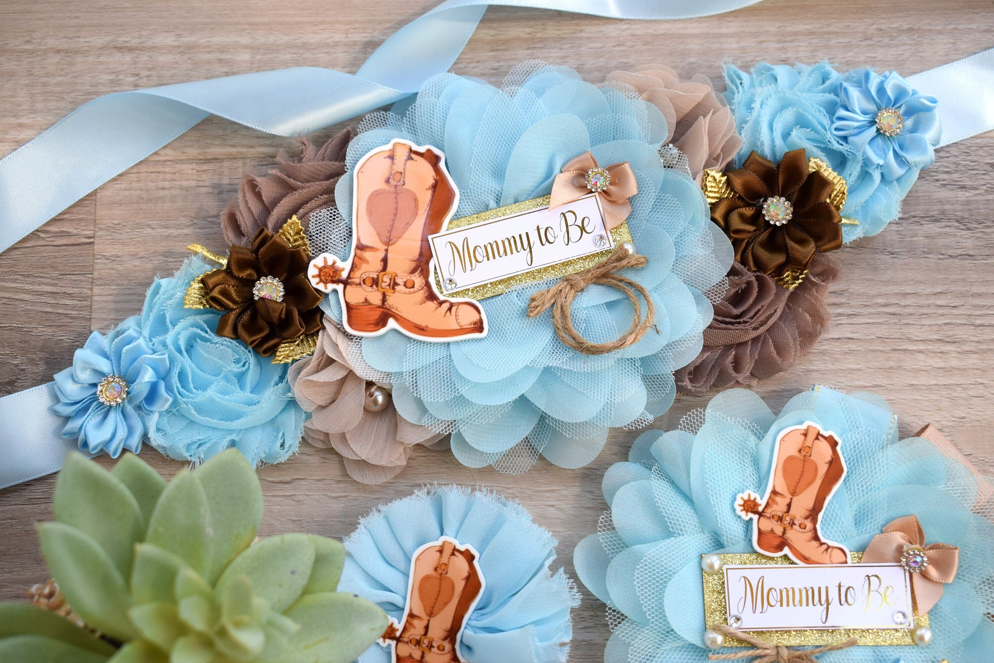 Cowboy Baby Shower, Blue Cowboy Maternity Sash, Boy Cowboy Mommy and Daddy To Be Pin, Blue Brown Flower Sash, Blue Boot Hat Corsage Pin - Celebrations By Cris