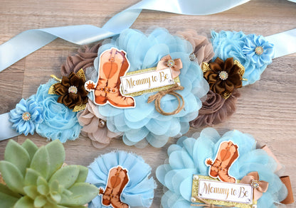 Cowboy Baby Shower, Blue Cowboy Maternity Sash, Boy Cowboy Mommy and Daddy To Be Pin, Blue Brown Flower Sash, Blue Boot Hat Corsage Pin - Celebrations By Cris