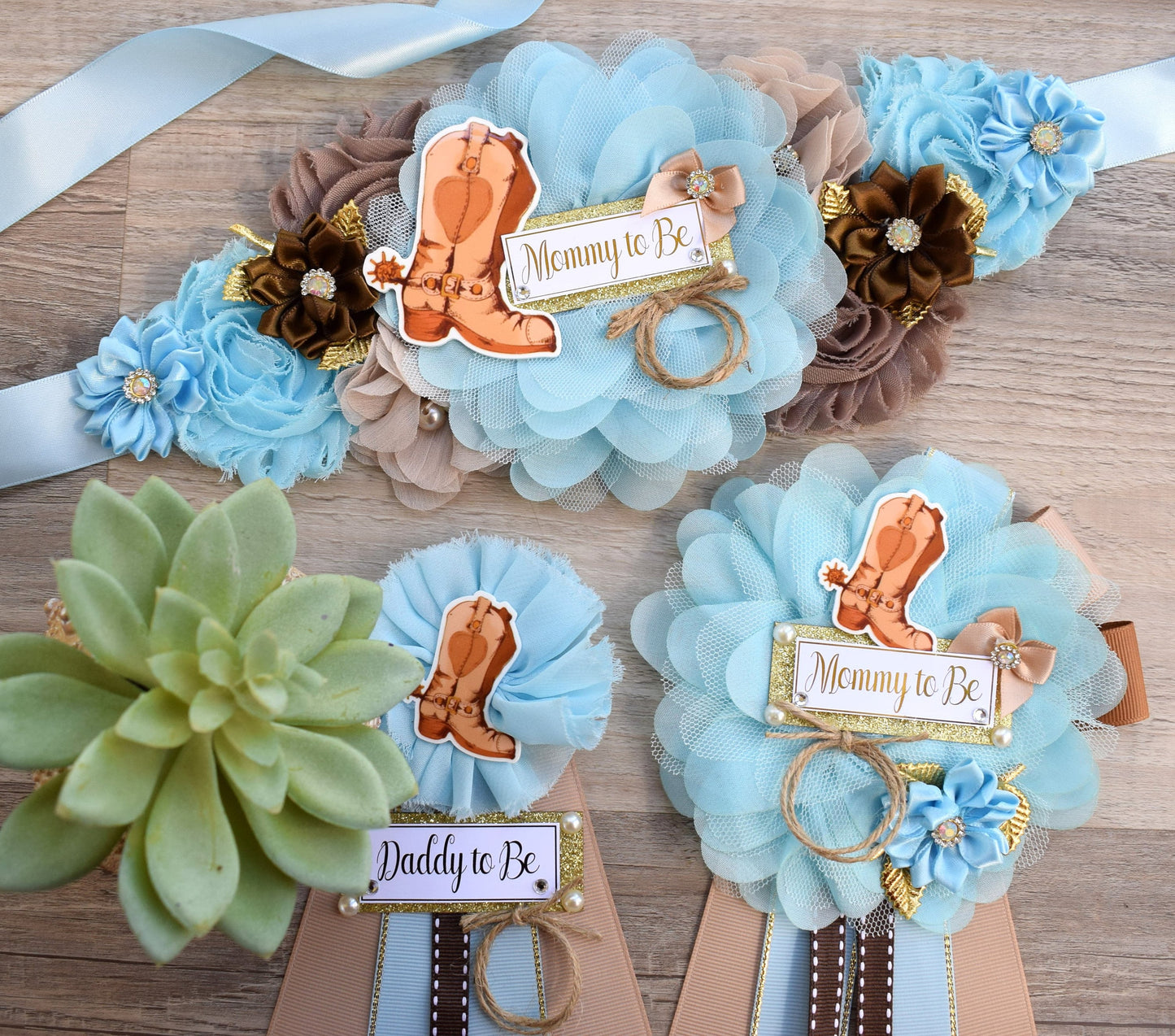 Cowboy Baby Shower, Blue Cowboy Maternity Sash, Boy Cowboy Mommy and Daddy To Be Pin, Blue Brown Flower Sash, Blue Boot Hat Corsage Pin - Celebrations By Cris