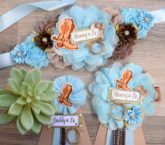 Cowboy Baby Shower, Blue Cowboy Maternity Sash, Boy Cowboy Mommy and Daddy To Be Pin, Blue Brown Flower Sash, Blue Boot Hat Corsage Pin - Celebrations By Cris