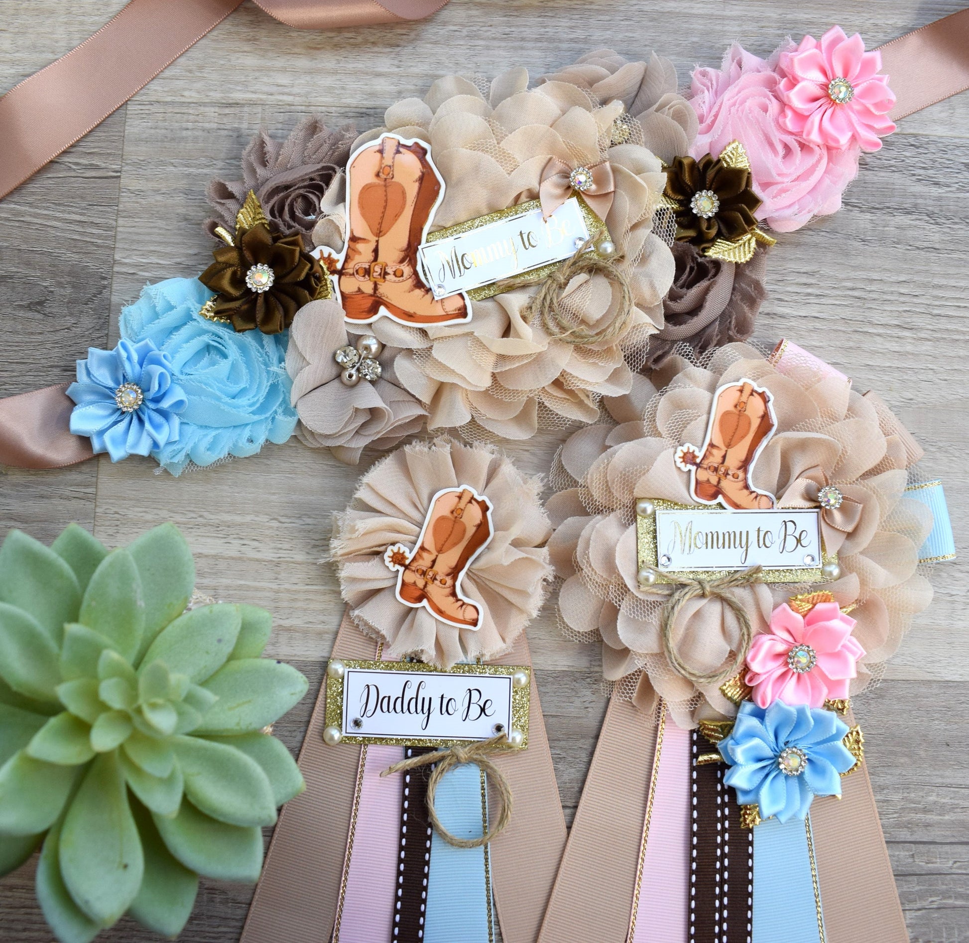 Gender Reveal Cowboy Baby Shower, Blue Pink Cowboy Maternity Sash, Boy Girl Cowboy Mommy To Be Ribbon, Daddy To Be Pin, Boot Hat Corsage Pin - Celebrations By Cris