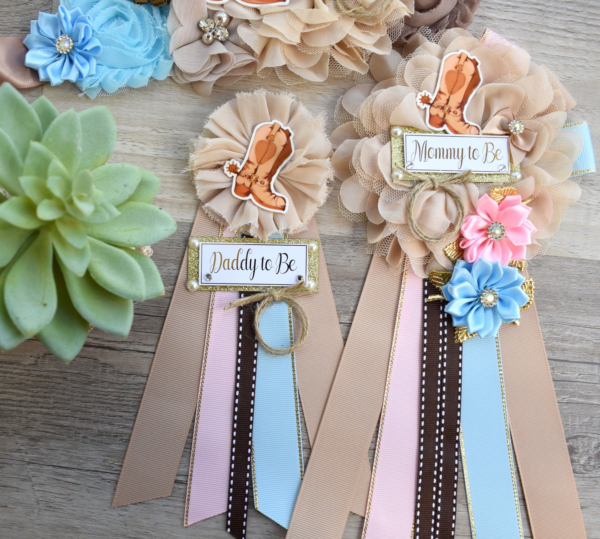 Gender Reveal Cowboy Baby Shower, Blue Pink Cowboy Maternity Sash, Boy Girl Cowboy Mommy To Be Ribbon, Daddy To Be Pin, Boot Hat Corsage Pin - Celebrations By Cris