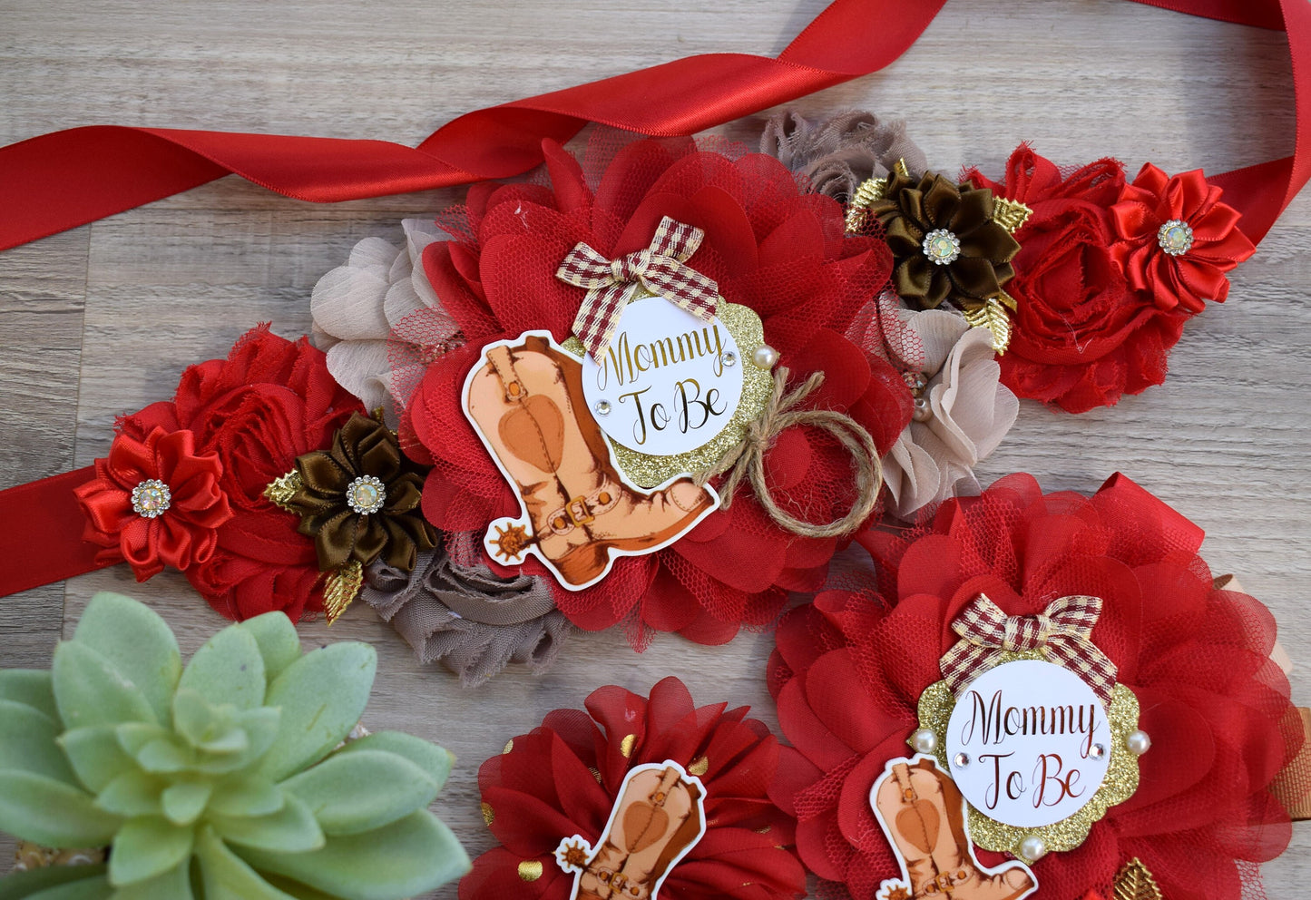 Red Cowboy Baby Shower, Red Brown Cowboy Maternity Sash, Gender Reveal Cowboy Mommy To Be Ribbon, Daddy To Be Pin, Boot Hat Corsage Pin