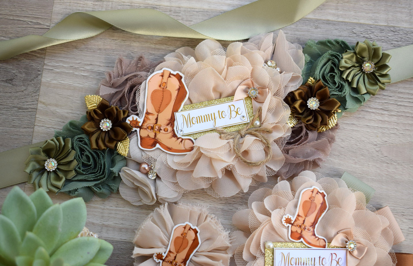 Sage Cowboy Baby Shower, Sage Cowboy Maternity Sash, Boy Cowboy Mommy and Daddy To Be Pin, Sage Brown Flower Sash, Sage Boot Hat Corsage Pin - Celebrations By Cris