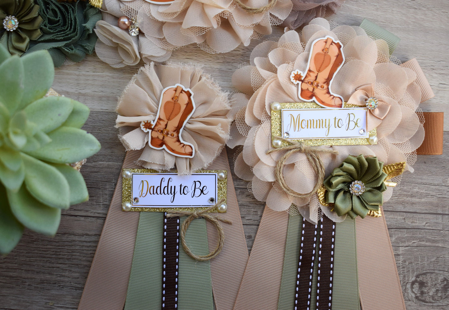 Sage Cowboy Baby Shower, Sage Cowboy Maternity Sash, Boy Cowboy Mommy and Daddy To Be Pin, Sage Brown Flower Sash, Sage Boot Hat Corsage Pin - Celebrations By Cris