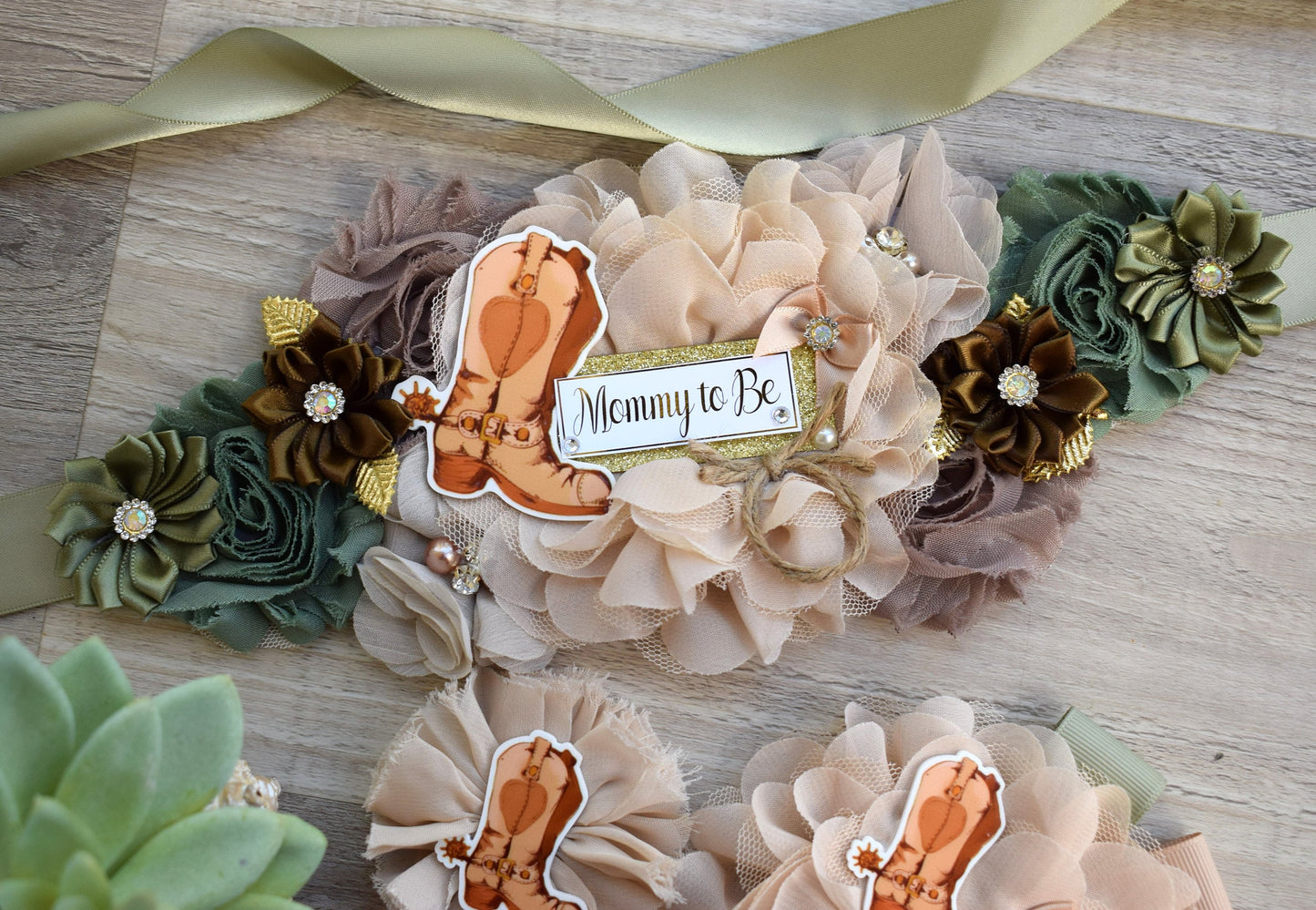 Sage Cowboy Baby Shower, Sage Cowboy Maternity Sash, Boy Cowboy Mommy and Daddy To Be Pin, Sage Brown Flower Sash, Sage Boot Hat Corsage Pin - Celebrations By Cris