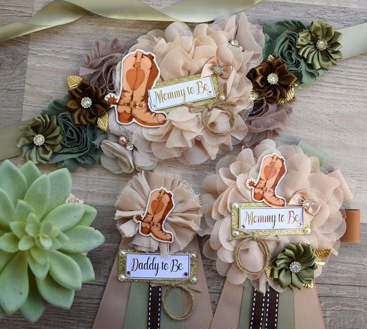 Sage Cowboy Baby Shower, Sage Cowboy Maternity Sash, Boy Cowboy Mommy and Daddy To Be Pin, Sage Brown Flower Sash, Sage Boot Hat Corsage Pin - Celebrations By Cris